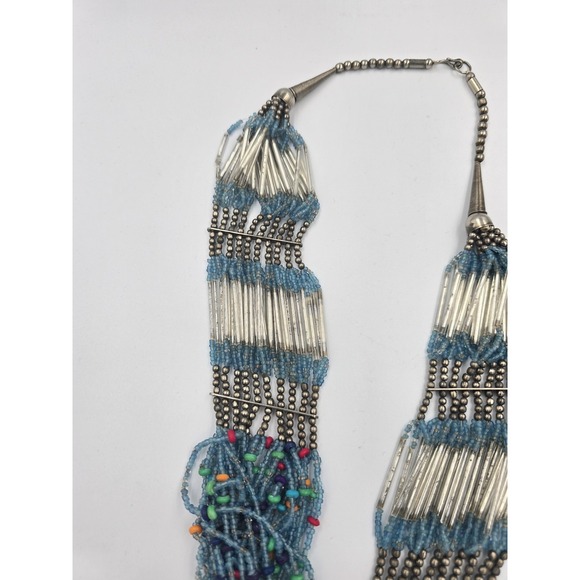 Ethnic Tribal Style Beaded Multistrand Statement Necklace Blue Silver Tone - Picture 6 of 9
